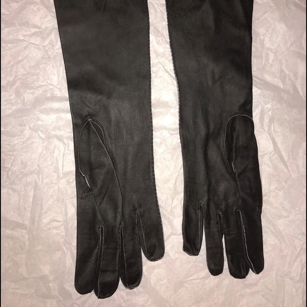 RARE Vintage City Paris San Fran black kidskin leather 3/4 length opera gloves